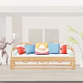 Chinese Style Wooden Multi Seater Sofa With Colorful Cushions Monkey Sculpture And Green Plant