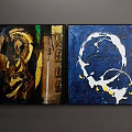 Abstract Paintings With Golden Elements Dark Tones Blue Background White Circular Design Yellow Accents