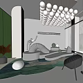 Modern Lounge Area With Spherical Pendant Lights Curved Seating And Green Area Rug