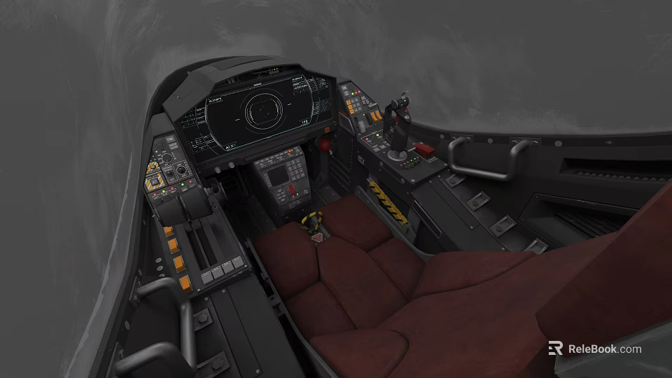 Fighter Jet Cockpit Interior with Advanced Dashboard Control Panel and Red Seats 3d model