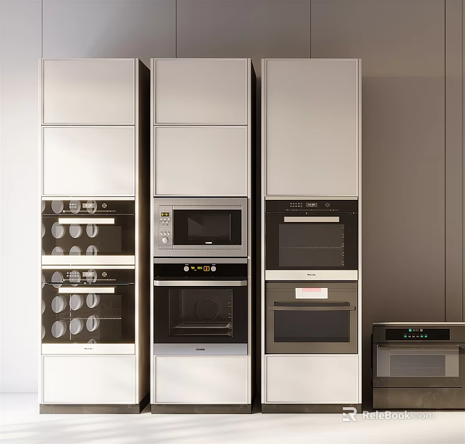 Modern Built in Kitchen Appliances In Sleek White Cabinets With Oven And Microwave 3d model 