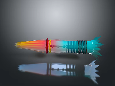 Colorful Rocket Weapon Design with Red Yellow Blue Green Flames Tail Fins and Reflective Surface 3d model