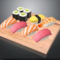 Sushi Platter With Various Types Of Fresh Fish And Rice On Wooden Tray