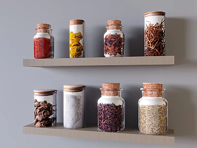 Colorful Spice Jars with Various Spices on Wooden Shelves Against Grey Wall 3d model