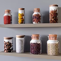 Colorful Spice Jars with Various Spices on Wooden Shelves Against Grey Wall