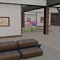 Modern Open Interior Space With Brown Leather Sofa Columns And Wall Art Decorations