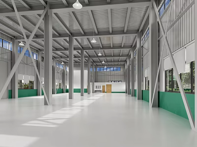 Spacious Industrial Style Space With Metal Frames High Ceiling White Floor And Large Windows 3d model