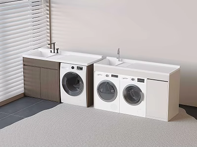 Elegant Modern Laundry Room With Two White Washers Sink And Storage Cabinets 3d model