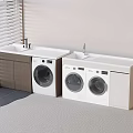 Elegant Modern Laundry Room With Two White Washers Sink And Storage Cabinets