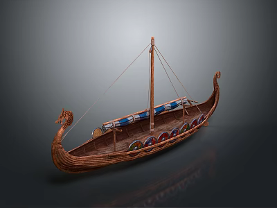 Ancient Viking Wooden Ship With Dragon Head Prow And Colorful Shield Decorations 3d model