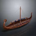 Ancient Viking Wooden Ship With Dragon Head Prow And Colorful Shield Decorations