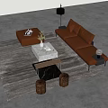 Modern Brown Leather Sofa Coffee Table Set With Marble Top Gray Rug And Ottoman 3d model