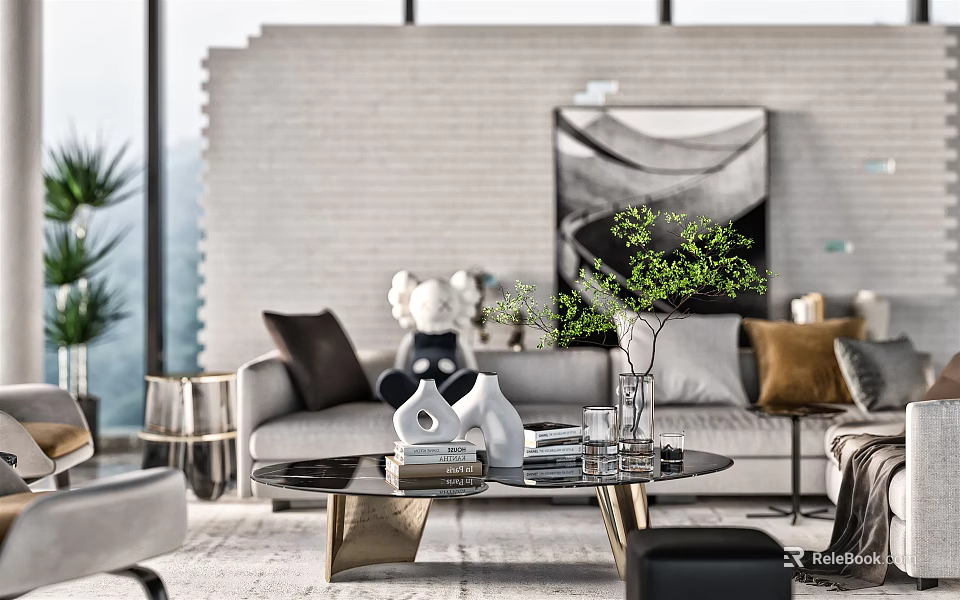 Modern Living Room Sofa And Coffee Table Set With Decorative Pillows Green Plant And Vase 3d model 