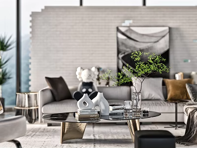 Modern Living Room Sofa And Coffee Table Set With Decorative Pillows Green Plant And Vase 3d model