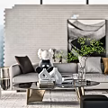 Modern Living Room Sofa And Coffee Table Set With Decorative Pillows Green Plant And Vase