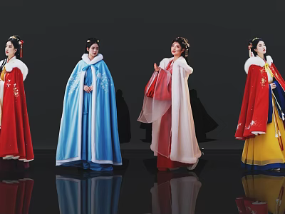 Elegant Four Women In Traditional Hanfu With Red Blue Pink Yellow Cloaks And Classical Hairstyles 3d model