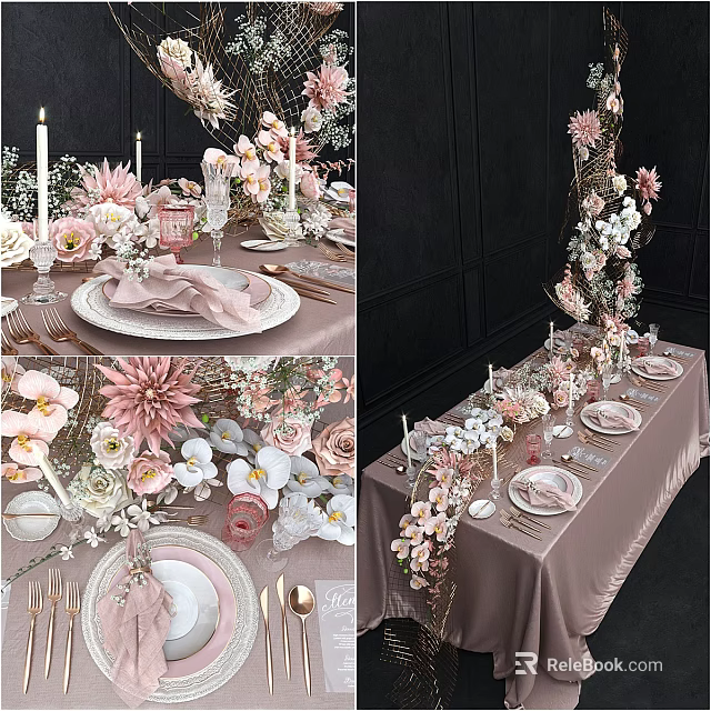 Elegant Decorative Ornament Set with Pink White Flowers Tableware Candles and Glassware for Dining Table 3d model 