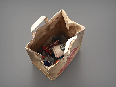 Open Brown Paper Bag Containing Trash Items Coffee Cup And Snack Packages 3d model