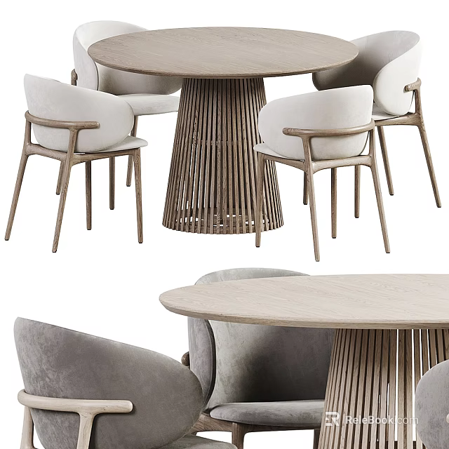 Modern Minimalist Dining Table Set with Slatted Wooden Base and Upholstered Chairs 3d model 