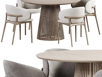 Modern Minimalist Dining Table Set with Slatted Wooden Base and Upholstered Chairs 3d model