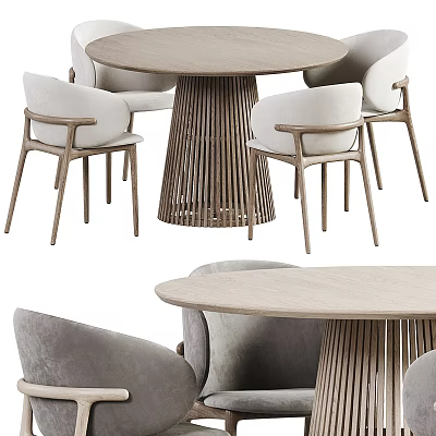 Modern Minimalist Dining Table Set with Slatted Wooden Base and Upholstered Chairs 3d model