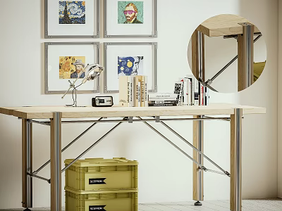 Modern Dining Table With Framed Artworks Table Lamp Books And Yellow Storage Crates 3d model