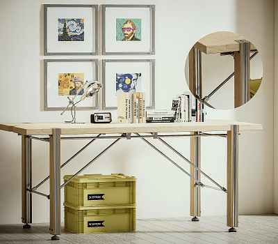 Modern Dining Table With Framed Artworks Table Lamp Books And Yellow Storage Crates 3d model