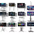 Multiple Smart Televisions on Various Stands Displaying Streaming Content and Interfaces 3d model