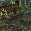 Cartoon Scenery of Medieval Village with Traditional Houses Horse-Drawn Carts People and Sunset