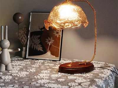 Warm Glow Table Lamp with Wooden Base and Textured Glass Shade on White Lace Tablecloth 3d model