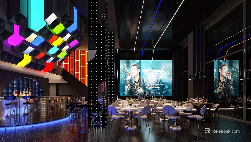 Modern Bar with Colorful Pendant Lights Black Wall Blue Lighting Large Screen Performer Dining Setup 3d model 