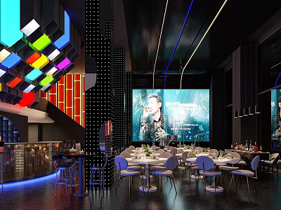 Modern Bar with Colorful Pendant Lights Black Wall Blue Lighting Large Screen Performer Dining Setup 3d model