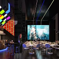 Modern Bar with Colorful Pendant Lights Black Wall Blue Lighting Large Screen Performer Dining Setup