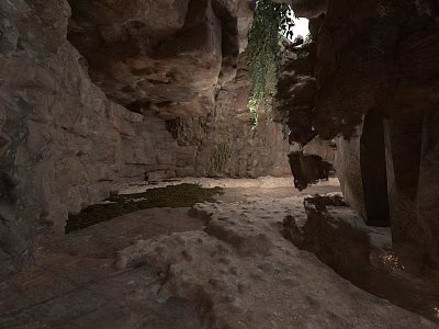 Earthy Rocky Cave Interior With Natural Rock Formations Green Moss And Sunlight 3d model
