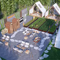 Scenic Camping Site With Tents Outdoor Seating Stone Pathways And Garden Beds