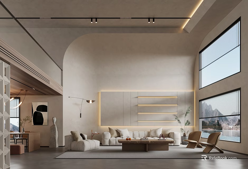 Modern Duplex Living Room Interior with Spacious Layout and Large Windows 3d model 
