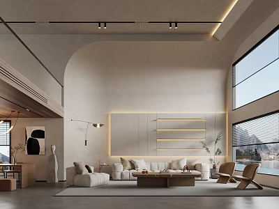 Modern Duplex Living Room Interior with Spacious Layout and Large Windows 3d model