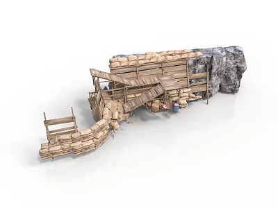 Rustic Wooden Construction With Sacks Stone Blocks And Wooden Frames 3d model