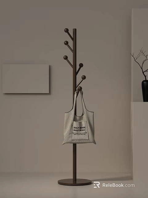 Wooden Coat Hanger With Canvas Bag Blank Frame And Black Vase On Light Wall 3d model 