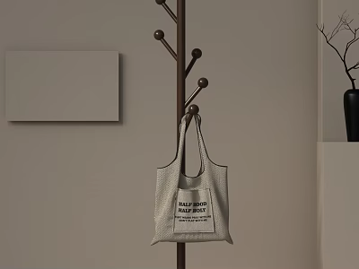 Wooden Coat Hanger With Canvas Bag Blank Frame And Black Vase On Light Wall 3d model