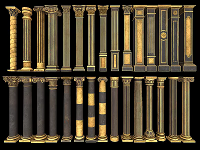 Classical Architectural Columns With Ornate Details Gold Accents And Various Styles 3d model
