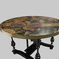Elegant Round Table With Black Carved Legs Gold Edge And Decorative Tabletop
