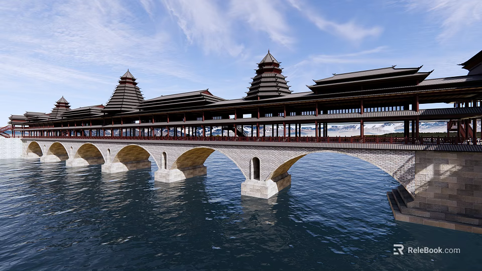 Traditional Stone Arch Bridge With Pagoda Style Towers Wooden Railings Spanning Calm Water 3d model 