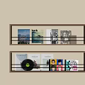 Modern Wooden Bookshelf with Black Bars Displaying Various Books Vinyl Record and Illustrated Items