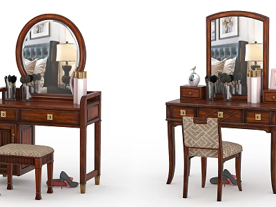 Classic Wooden Dressing Table With Round Mirror And Upholstered Stool Decorative Items 3d model