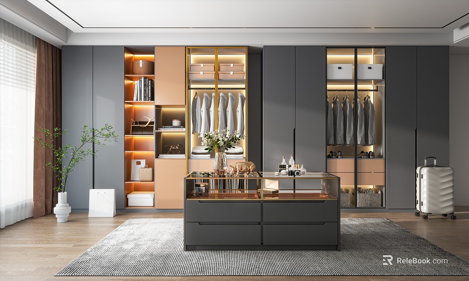 Modern Walk in Closet With Gray Wood Cabinetry Hanging Clothes Glass Display And Area Rug 3d model 