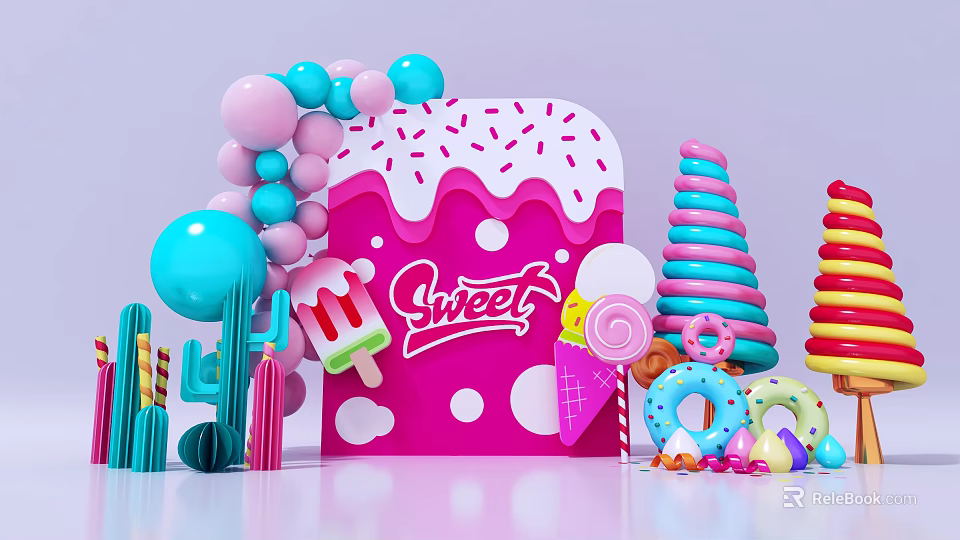 Colorful Commercial Sweet Shop Display Equipment With Ice Cream Lollipop Donut Decorations 3d model 
