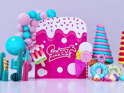Colorful Commercial Sweet Shop Display Equipment With Ice Cream Lollipop Donut Decorations 3d model