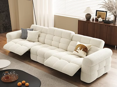 Modular White Tufted Sofa with Plaid Leopard Pillows and Black Coffee Table in Living Room 3d model