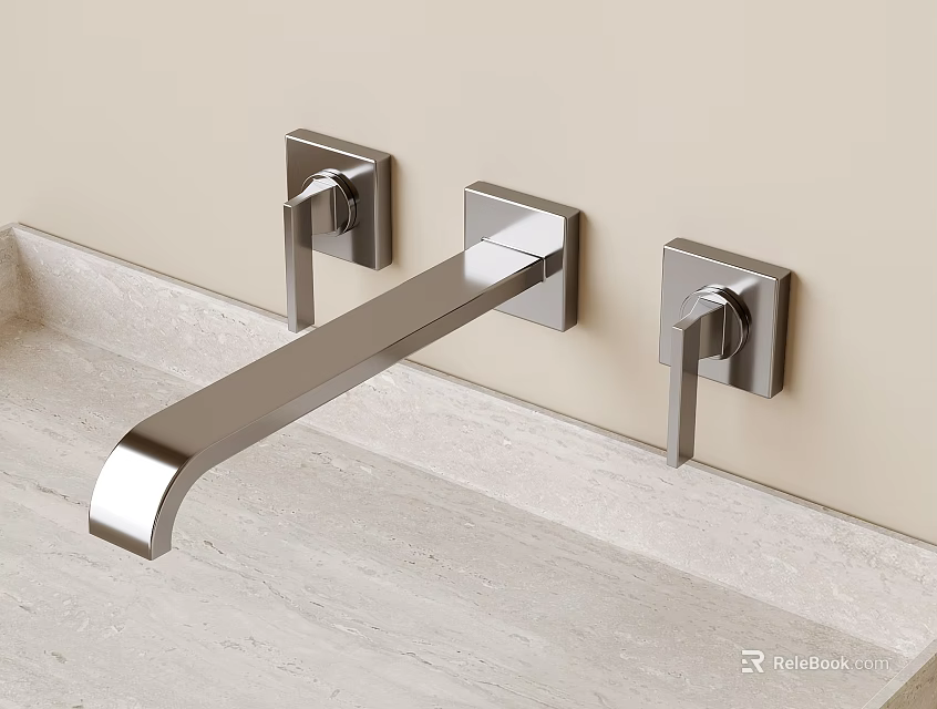 Wall Mounted Chrome Faucet Featuring Two Handle Knobs And Light Colored Countertop 3d model 
